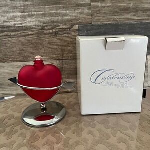 Celebrating Home Red Frosted Glass Heart Oil Lamp Cupid Arrow Silver Stand Box
